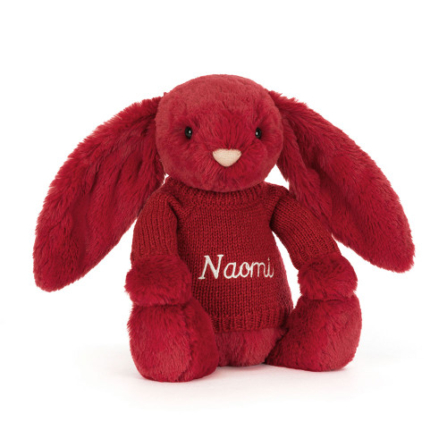 Bashful Luxe Bunny Scarlett with Personalised Red Jumper, Main View Bashful Luxe Bunny Scarlett with Personalised Red Jumper, Main View