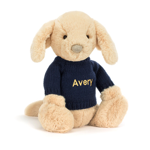 Bashful Luxe Puppy Orlando with Personalised Navy Jumper, Main View Bashful Luxe Puppy Orlando with Personalised Navy Jumper, Main View