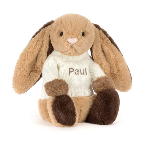 Bashful Patchwork Brown Bunny with Personalised Cream Jumper, Main View