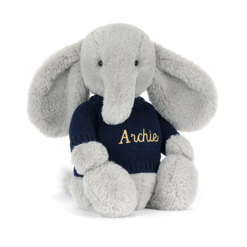 Bashful Luxe Elephant Thuddeus with Personalised Navy Jumper, Main View