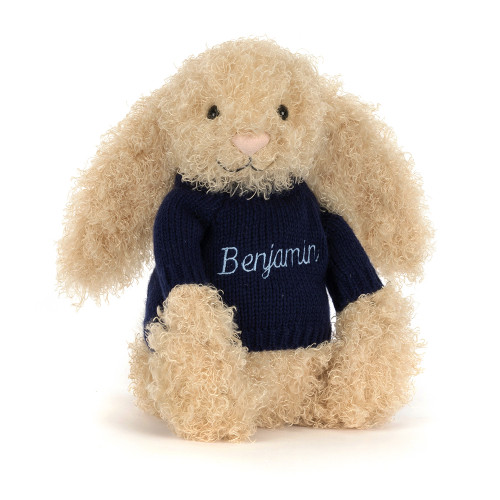 Bashful Bunny Curly with Personalised Navy Jumper, Main View