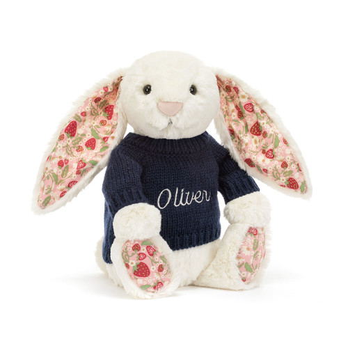 Blossom Cream Bunny 'Berry' with Personalised Navy Jumper, Main View