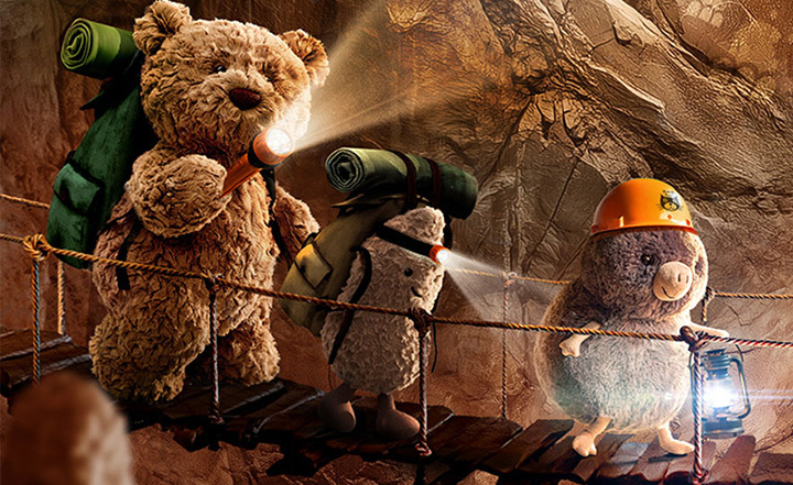 Bartholomew Bear and Friends in the cave with flashlight