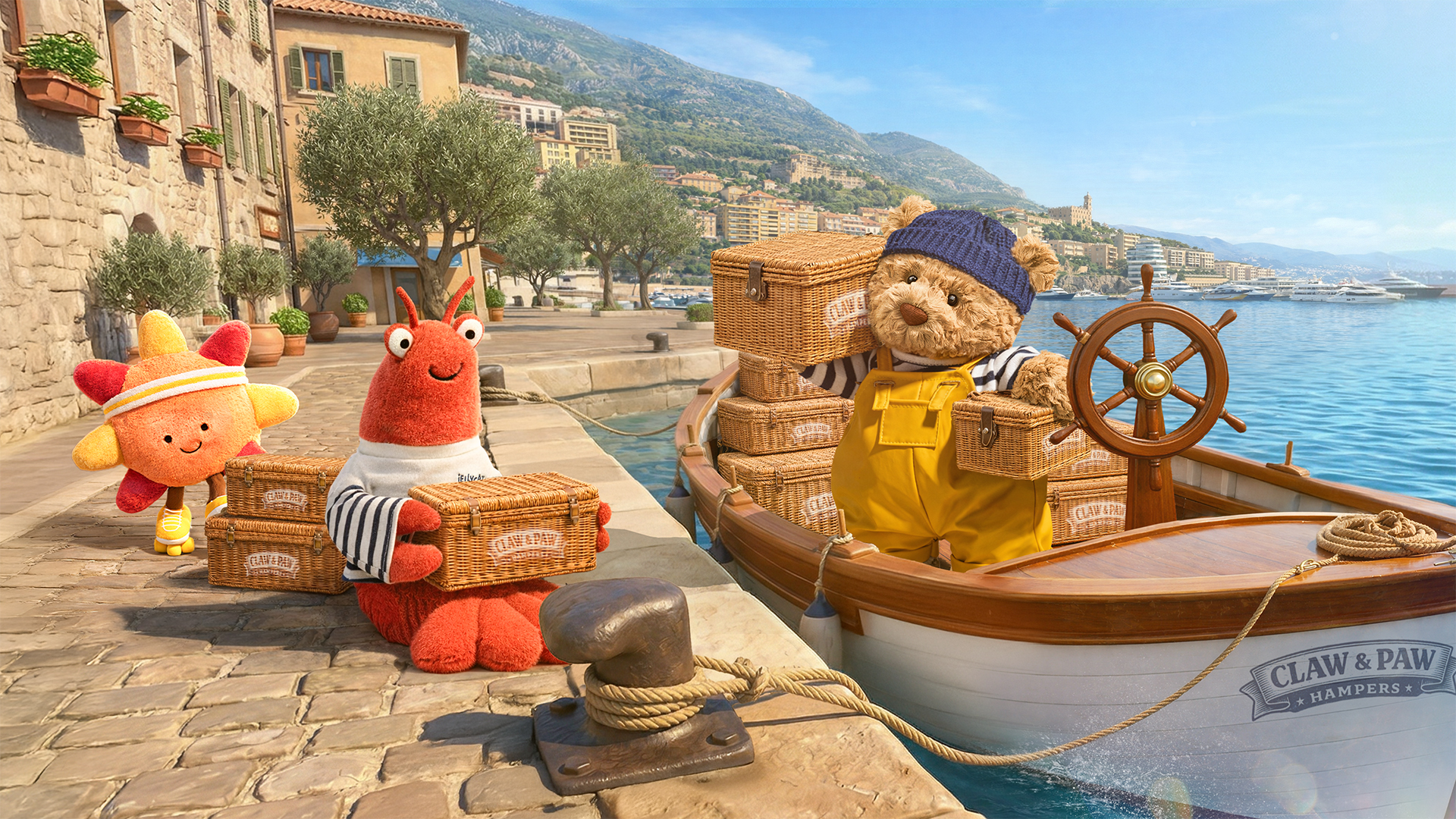 Larry Lobster, Amuseables Sun on Rollerskates and Bartholomew Bear Seafarere are unloading baskets from a boat at a beautiful Mediterranean secenery