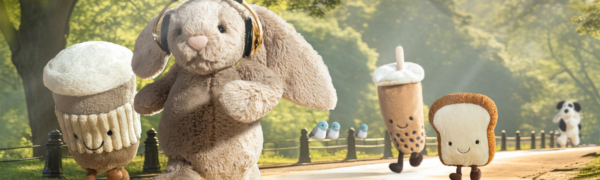 Jellycat plush toys running in a park