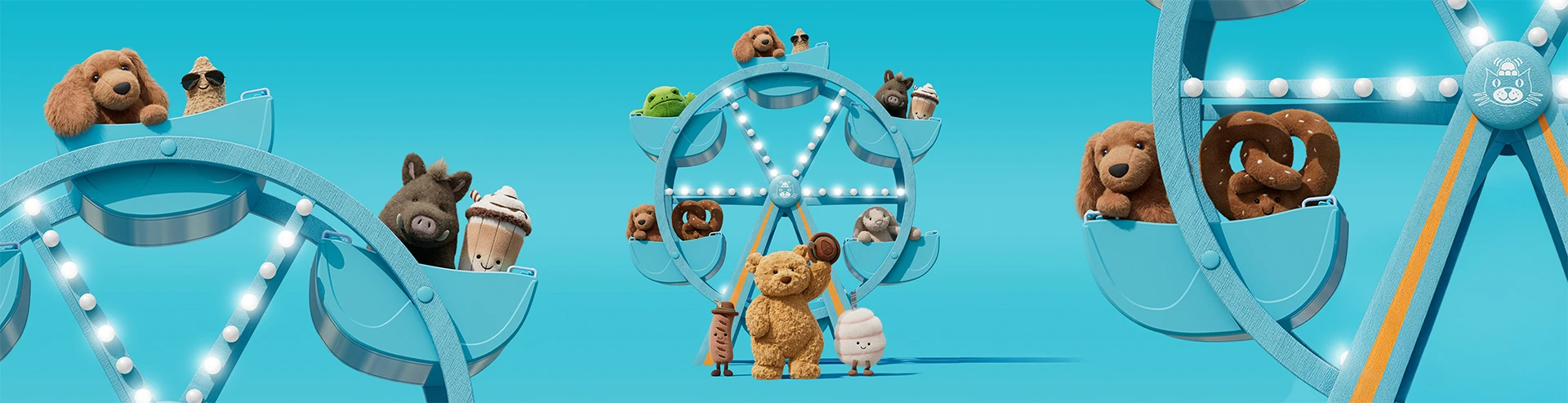 Bartholomew Bear and his Jellycat friends standing in Ferris wheels against a blue background.