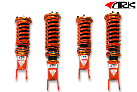 ARK Performance ST-P COILOVER SYSTEMS (Rubber mount, 16-way adjustable damping) SPRING RATE (KG/MM):  Front: 9 Rear: 9/Coilover Adjustable Spring Lowering Kit