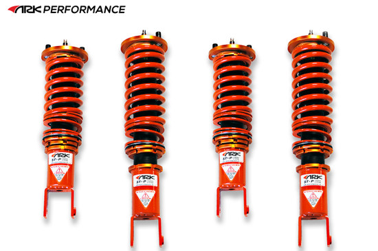 ARK Performance ST-P COILOVER SYSTEMS (Rubber mount, 16-way adjustable damping) SPRING RATE (KG/MM):  Front: 12 Rear: 11/Coilover Adjustable Spring Lowering Kit CS0900-0900