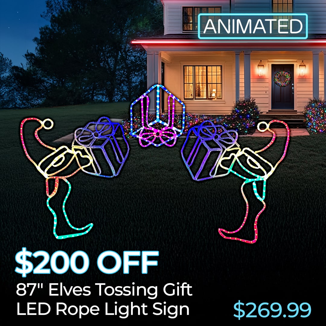 $200 OFF ANIMATED ELVES TOSSING GIFT LED ROPE LIGHT SIGNS