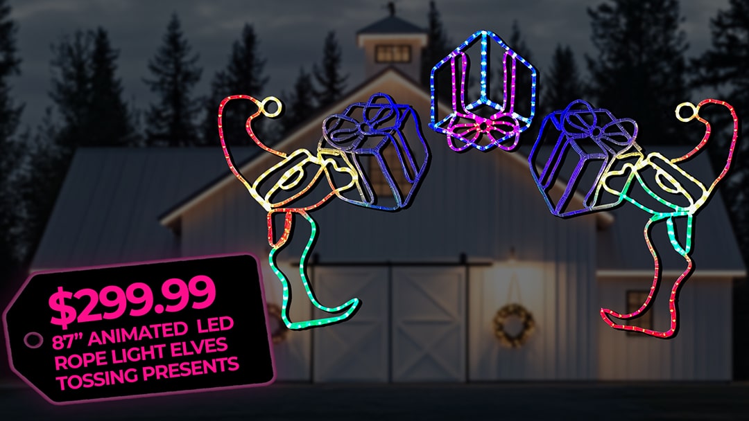 87 Inch Animated LED Rope Light Elves Tossing Presents - $299.99