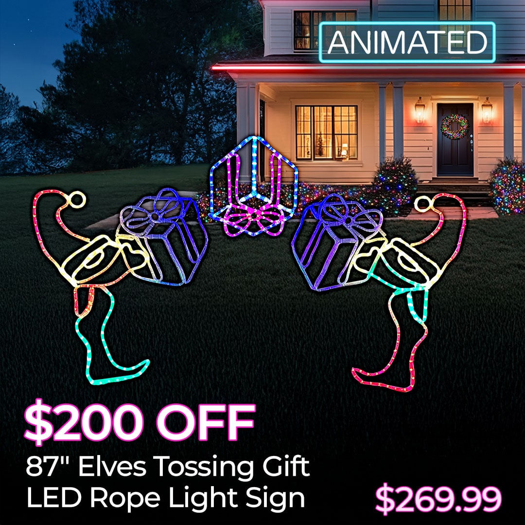 $200 OFF ANIMATED ELVES TOSSING GIFT LED ROPE LIGHT SIGNS
