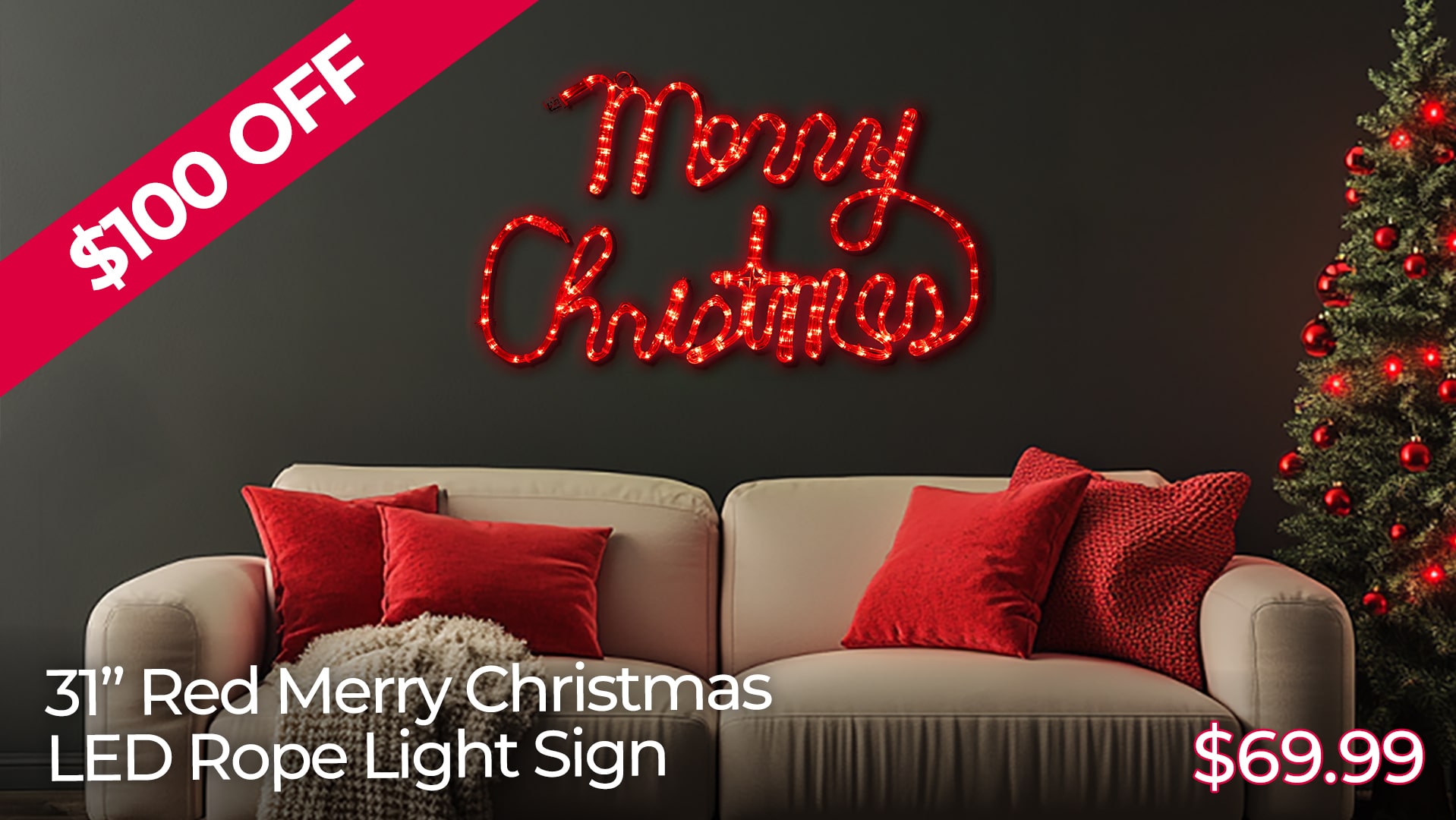 $100 OFF 31IN RED MERRY CHRISTMAS LED ROPE LIGHT SIGNS