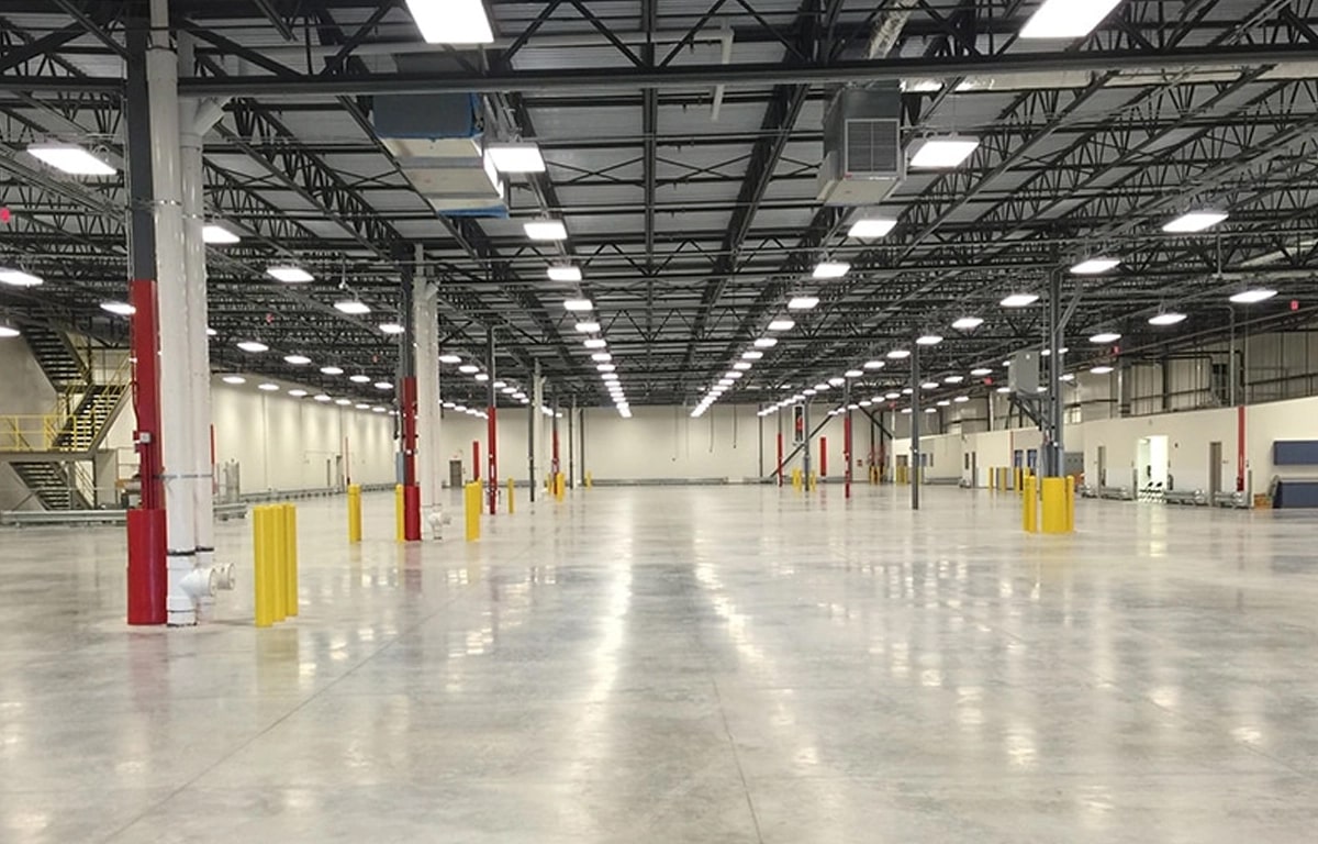 Warehouse with Linear High Bay LED Lights Installed