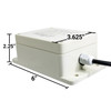 White weatherproof RGB controller enclosure shown with labeled dimensions. The rectangular housing measures 6 inches long, 3.625 inches wide, and 2.25 inches high, with a cable exiting through a sealed side connector and mounting flanges on the base.