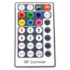 RF remote controller for RGB LED lighting systems, featuring power on/off buttons, color selection controls for red, green, blue, white, yellow, cyan, and purple, plus brightness adjustment arrows, DIY customization buttons, and lighting effect modes including Jump, Fade, and Spark. Displayed on a white background.