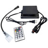 Black RGB LED light controller kit with RF remote control, power adapter cord, and waterproof connector cables displayed on a white background. The remote features color selection buttons and lighting effect controls for adjusting RGB LED strip lighting.