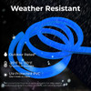 Blue LED neon rope light shown in rain with text stating weather resistance: outdoor rated, temperature range −20°F to 130°F, and UV‑protected PVC that resists fading and cracking.