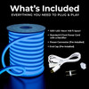 Image of a blue 120V LED neon rope light spool with included components: 6‑foot power cord with rectifier, pre‑installed power connector, and pre‑installed end cap. Text reads: ‘What’s Included.