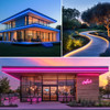 Collage of three images showing LED neon lighting used on buildings and pathways: a modern house outlined with blue neon, a winding walkway lit with warm neon, and a commercial storefront with pink neon outlining the roof.