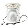 White LED neon rope light wound on a spool with an attached power cord lying beside it on a white background.