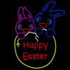 Happy Easter written in an egg with two baby bunnies peeking out