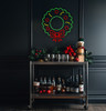 wreath with bow and berries, LED sign close up neon strip light in use living room