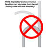 Diagram showing a flexible LED rope light bent repeatedly into overlapping curves with a red ‘X’ over it. Text states: ‘NOTE: Repeated and continuous bending may damage the internal circuitry and void the warranty.