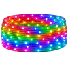 Coiled RGB LED rope lights arranged in a circular stack, featuring small evenly spaced bulbs glowing in a full spectrum of colors—red, orange, yellow, green, blue, and purple—against a plain white background.
