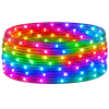 Coiled RGB LED rope lights arranged in a circular stack, featuring small evenly spaced bulbs glowing in a full spectrum of colors—red, orange, yellow, green, blue, and purple—against a plain white background.