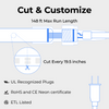 Graphic showing LED neon rope light with a labeled cut point. Text reads: ‘Cut & Customize,’ ‘148 ft max run length,’ and ‘Cut every 19.5 inches.’ Icons note UL recognized plugs, RoHS and CE certification, and ETL listing.