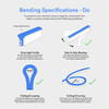 Instruction graphic titled ‘Bending Specifications – Do,’ showing approved bending methods for LED neon rope light. Illustrations include the strip light profile, side‑to‑side bending, folding and looping with a minimum 2‑inch diameter, and coiling with a minimum 2.5‑inch diameter. All examples have green check marks.