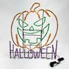 Bright neon Halloween sign featuring a glowing orange pumpkin with a green jack‑o’‑lantern face and purple ‘Halloween’ text on a off white background.