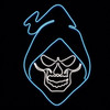 Neon Strip light LED sign depicting a hooded skull outlined in bright green and white neon strip light against a black background, creating a glowing, eerie effect