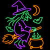 Colorful LED neon witch Halloween decoration featuring a purple witch, green accents, orange broom and cauldron, crescent moon, and bats on a black background.
