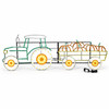 LED neon pumpkin tractor with colorful wheels and pumpkin-filled trailer, designed as a festive Halloween decoration on white background, stand wall plug power supply