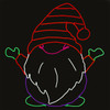 A colorful LED neon gnome yard decoration featuring an orange striped hat, white beard, pink nose, green mittens and boots, and a purple body. The 3-foot-tall holiday decoration is mounted on a black metal frame with a power cord extending from the base, making it ideal for outdoor displays. Black background