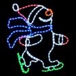 LED rope light sign of a snowman skating with a scarf, hat, and gloves lit up
