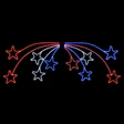 Red, white, and blue shooting stars on a black background