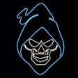 Neon Strip light LED sign depicting a hooded skull outlined in bright green and white neon strip light against a black background, creating a glowing, eerie effect