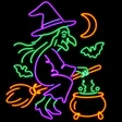 Colorful LED neon witch Halloween decoration featuring a purple witch, green accents, orange broom and cauldron, crescent moon, and bats on a black background.