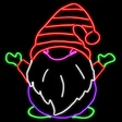 A colorful LED neon gnome yard decoration featuring an orange striped hat, white beard, pink nose, green mittens and boots, and a purple body. The 3-foot-tall holiday decoration is mounted on a black metal frame with a power cord extending from the base, making it ideal for outdoor displays. Black background