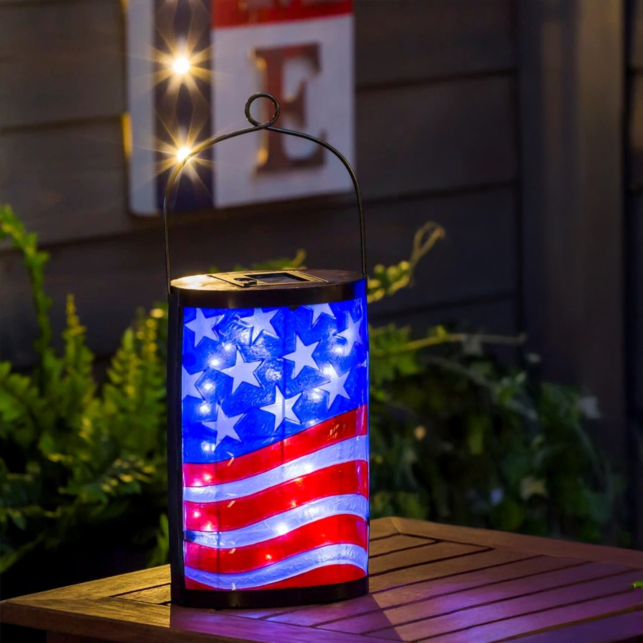 Solar Powered Patriotic LED Glass Lantern - American Flag Dusk To