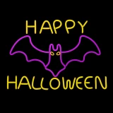 LED Neon Strip Light Happy Halloween with Flying Bat Decoration - Lighted Sign - Pink and Yellow - 32 Inch