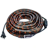 Halloween Orange LED rope light coiled with black power cord, plug and inline connector