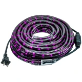 Purple LED rope light coiled with black power cord, plug and inline connector