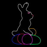 Bunny rabbit sitting behind three eggs