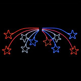 Red, white, and blue shooting stars on a black background