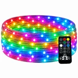120 Volt LED RGB Rope Lights coiled up spool with remote controller in the foreground