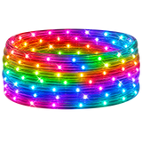 Coiled RGB LED rope lights arranged in a circular stack, featuring small evenly spaced bulbs glowing in a full spectrum of colors—red, orange, yellow, green, blue, and purple—against a plain white background.