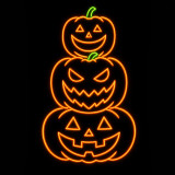 A bright neon jack‑o’‑lantern sign glowing against a black background, with orange tubing outlining the pumpkin’s shape, triangular eyes, and a wide curved smile. A small green neon stem sits at the top, creating a vivid Halloween‑themed display.